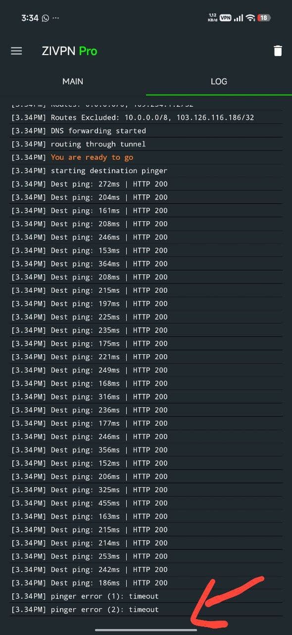 Contoh error ZIVPN timeout
